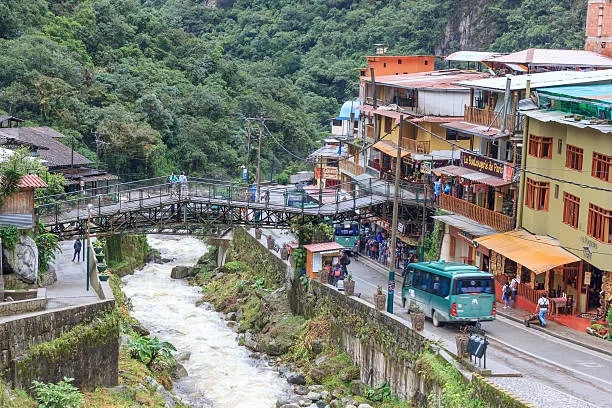 Aguas Calientes Peru with river, bridges, and lush mountain landscape