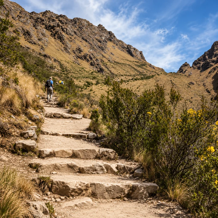 Hikers climbing stone steps toward Dead Woman’s Pass.