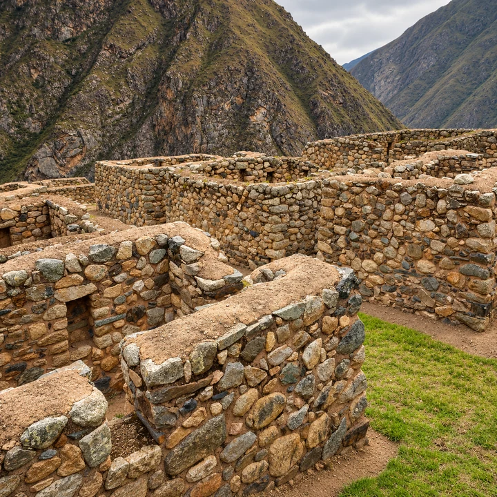 Stone rooms at Huillca Raccay surrounded by rugged mountains.