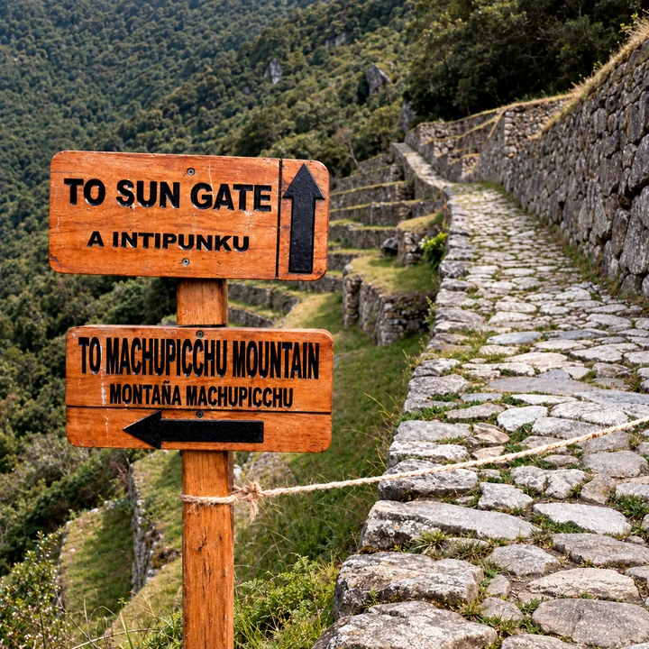 Wooden signs pointing toward Intipunku and Machu Picchu Mountain.