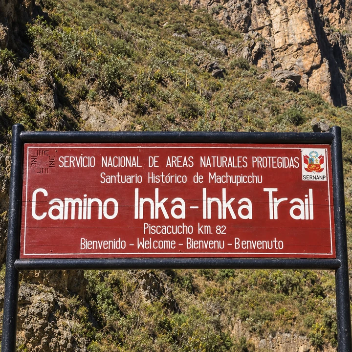 Welcome sign at the Piscacucho Km 82 Inca Trail entrance.