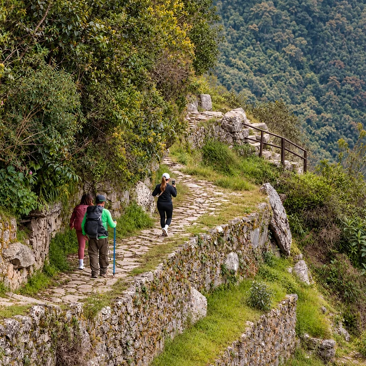 Three hikers following a stone path through the mountains.