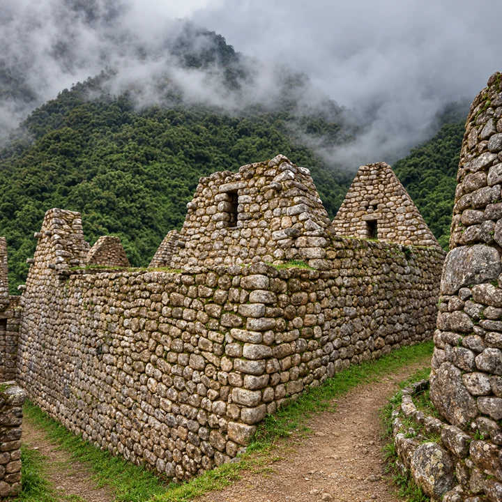 Gabled stone ruins beneath misty green hills on the Inca Trail.