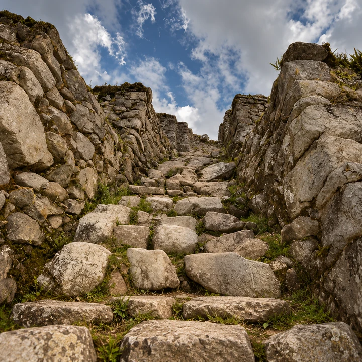 Uneven stone steps climbing between roofless Inca walls.