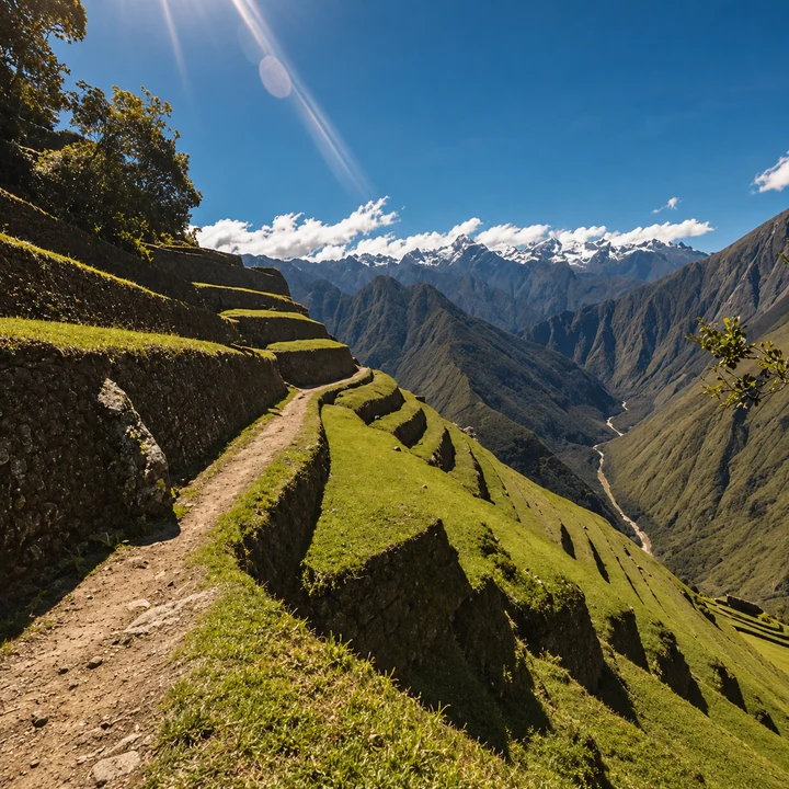 Green terraces above a mountain valley beneath a blue sky.