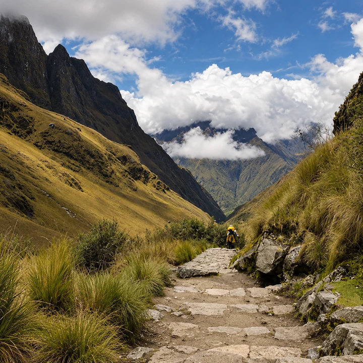 A hiker on stone steps above a cloud-covered mountain valley.