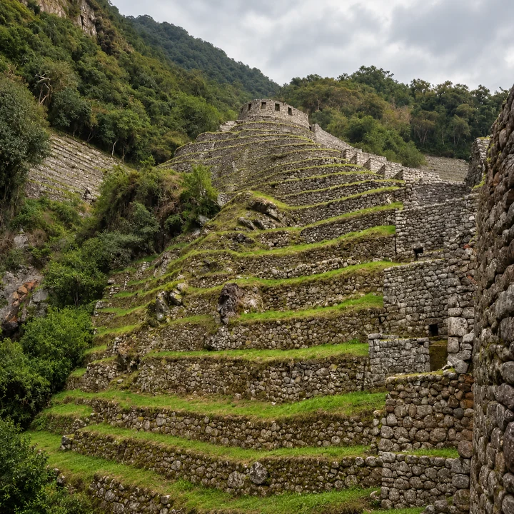 Hillside terraces with a small stone building and a steep stairway.