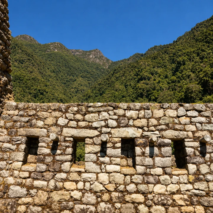 Trapezoidal openings in an Inca wall beneath a green mountain.