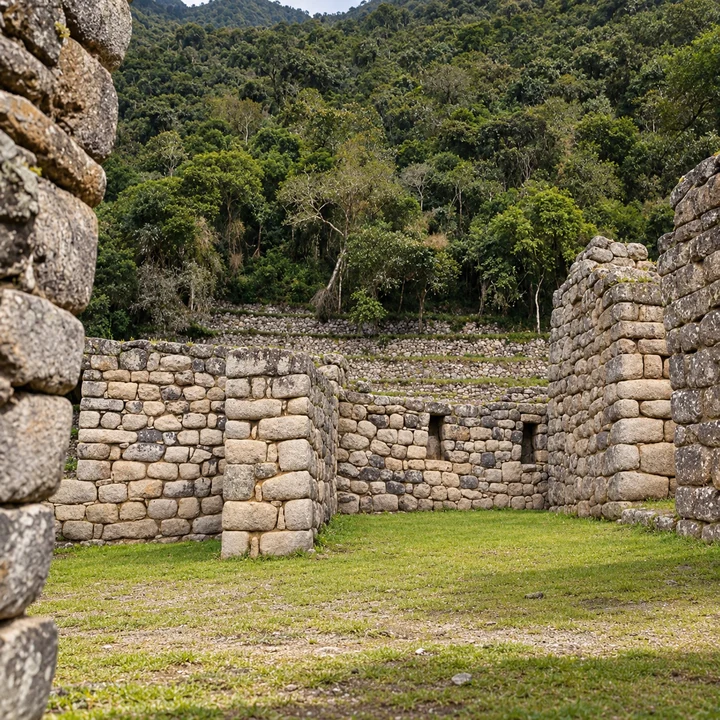 Roofless stone walls and niches around a grassy courtyard.
