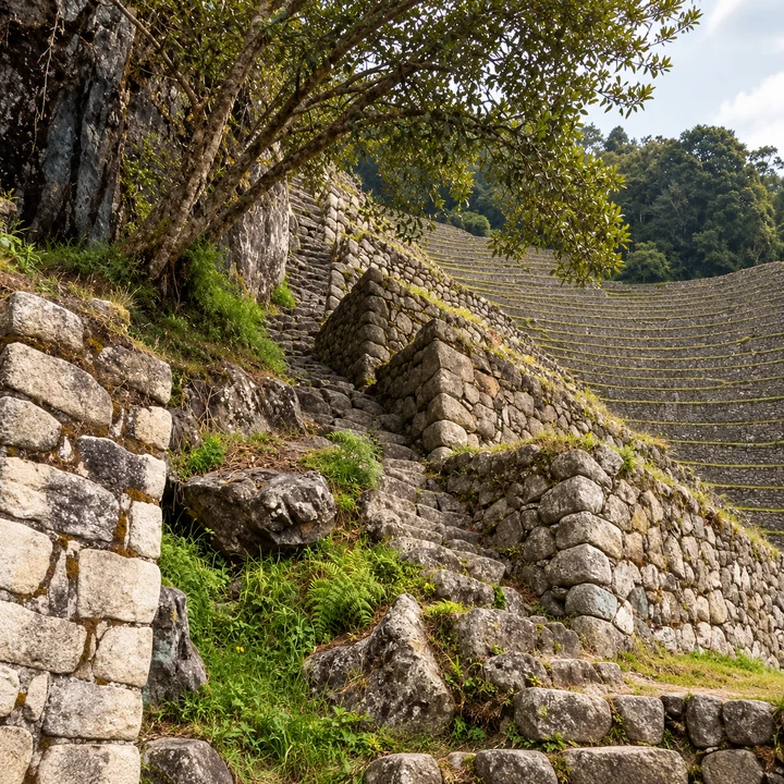 Inca stone steps and terrace walls beneath a leafy tree.