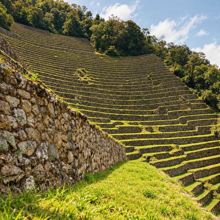 Repeated curved terraces edged with grass and stone retaining walls.