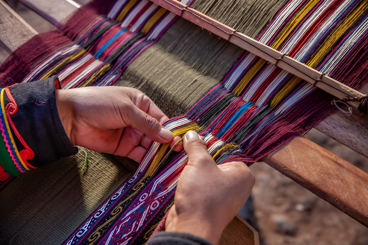 Local women weaving colorful Andean textiles in Chinchero Peru