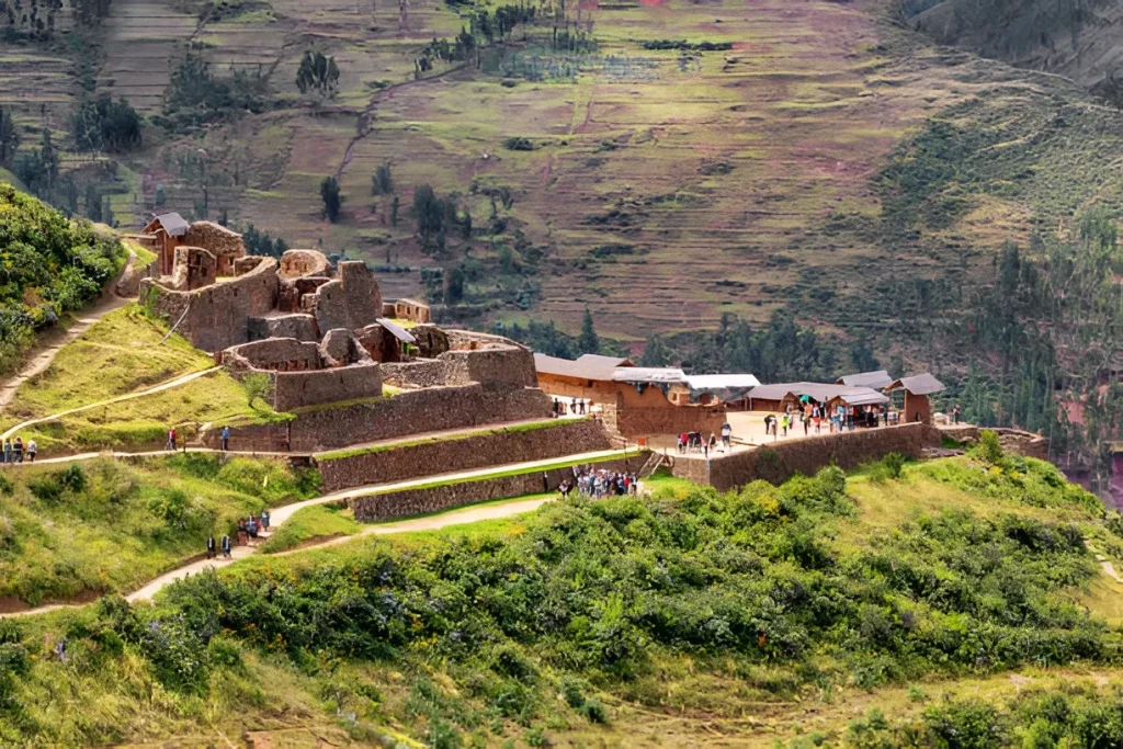 Pisac Archaeological Site in Sacred Valley Cusco with Inca terraces and mountain views