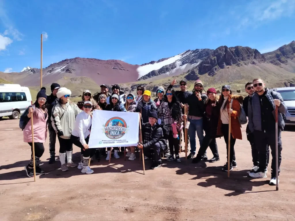 Group of travelers with Machupicchu Inka during an Andean tour in Cusco Peru