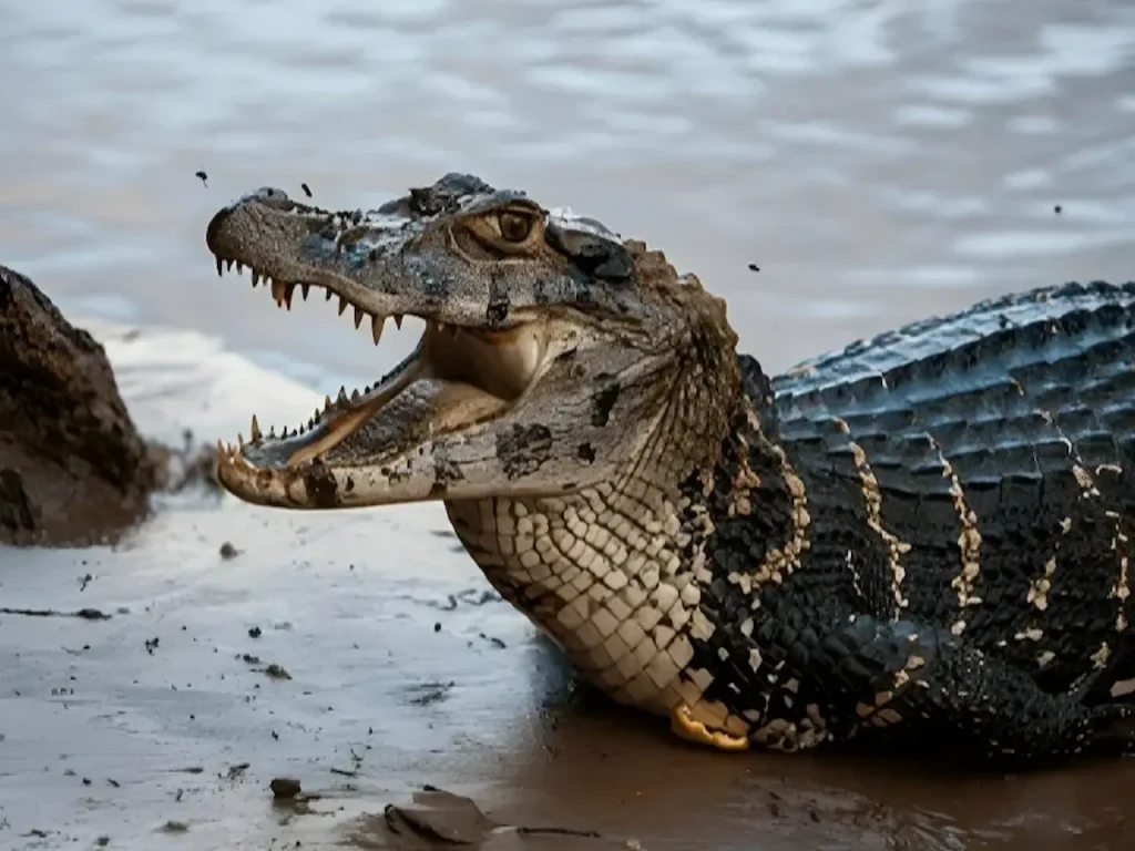 Caiman with open mouth on riverbank in Tambopata Amazon Peru wildlife