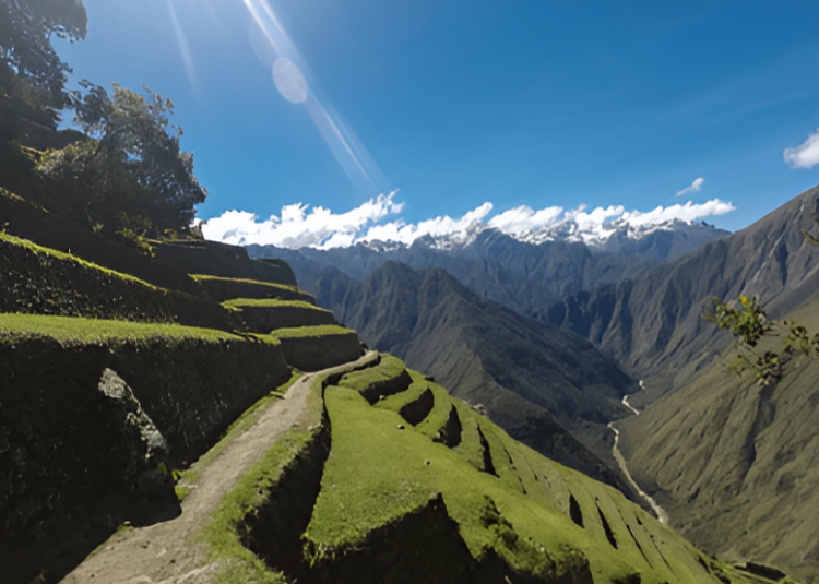 Intipata terraces on Inca Trail to Machu Picchu Peru Andes landscape