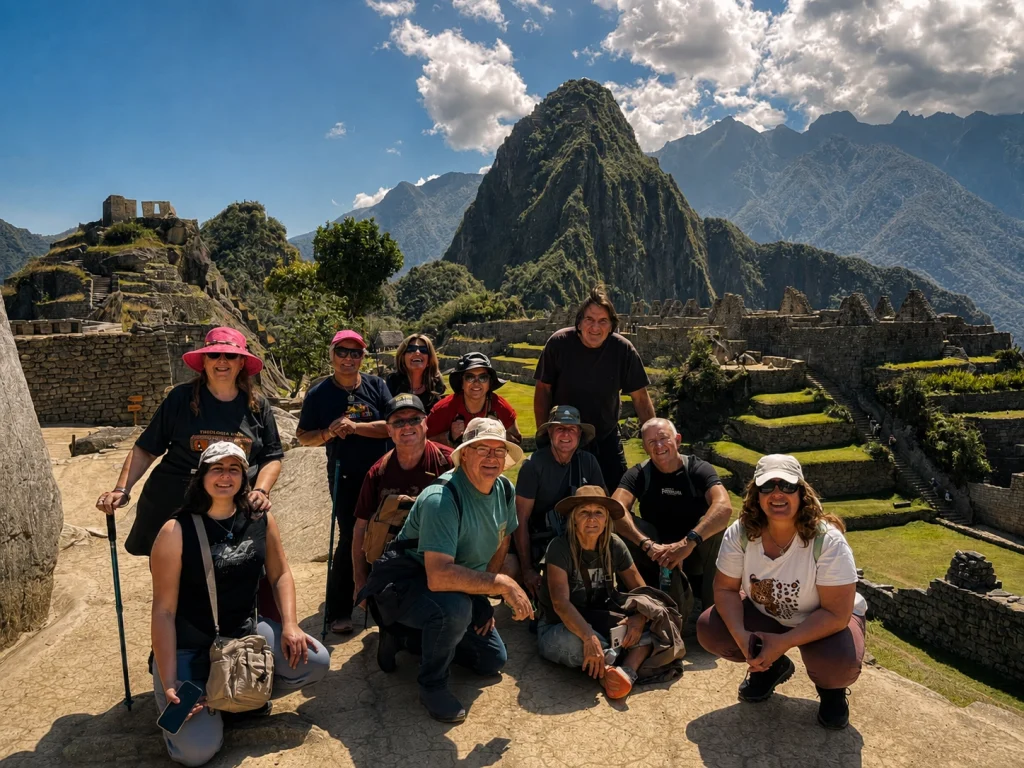Group of travelers posing at Machu Picchu with the Inca ruins and Huayna Picchu mountain in the background