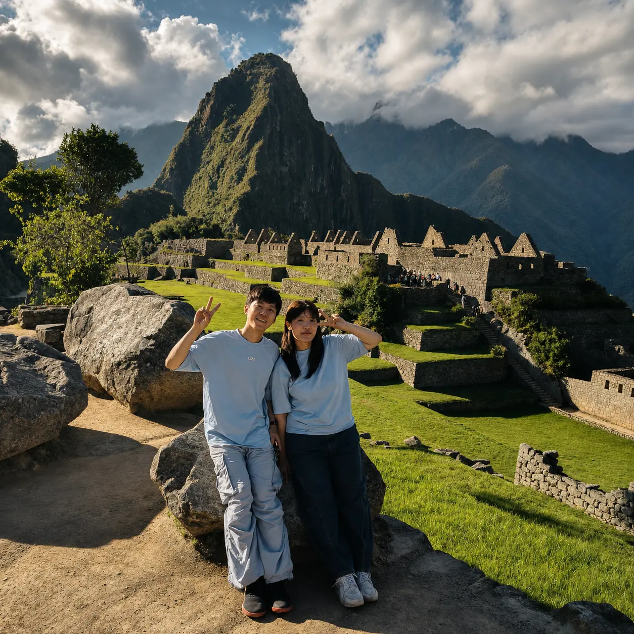 Machu Picchu Inca citadel with Huayna Picchu mountain in the background and two visitors in the foreground
