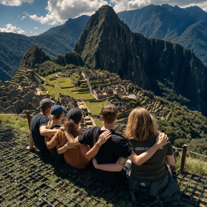 Five travelers embracing while overlooking Machu Picchu