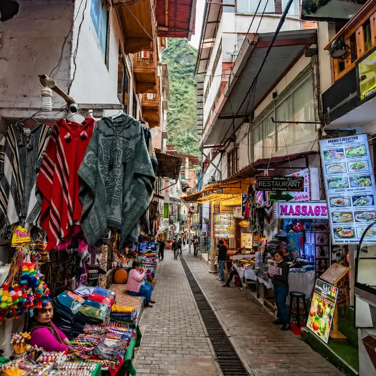 Handicraft shops in Aguas Calientes, Peru.