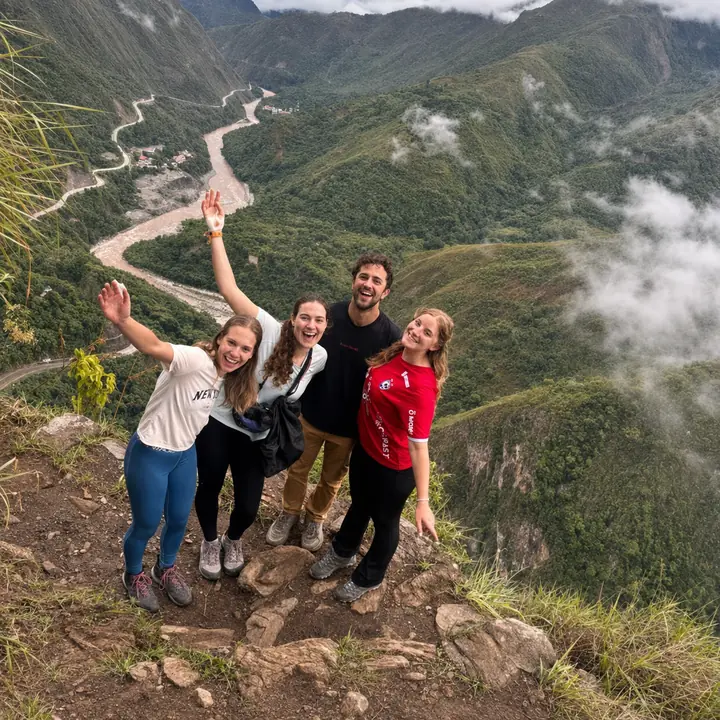 Four travelers posing above the river and forested Andean mountains.