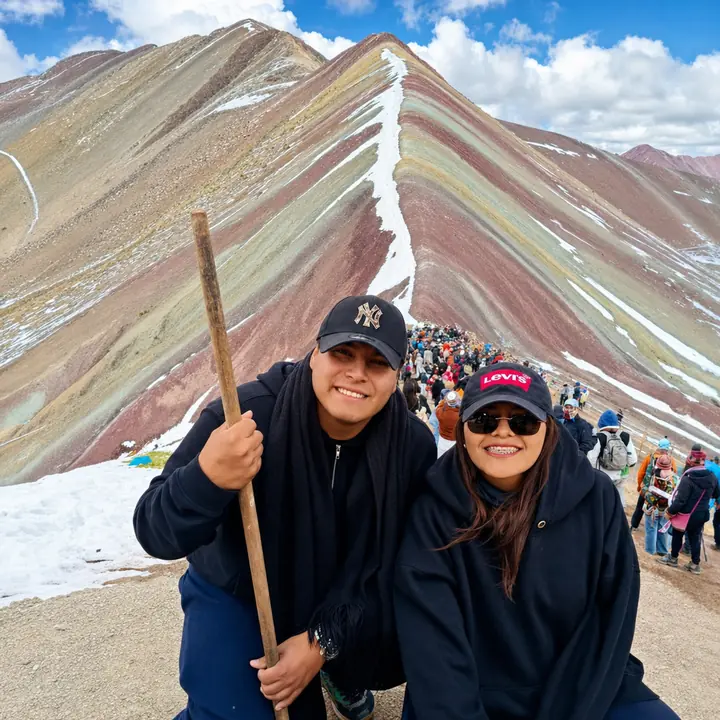 Two travelers posing with walking sticks before snowy Rainbow Mountain.