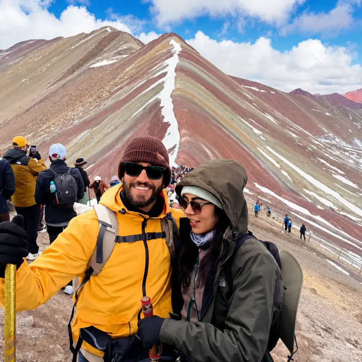 Couple posing together at the colorful Rainbow Mountain viewpoint.