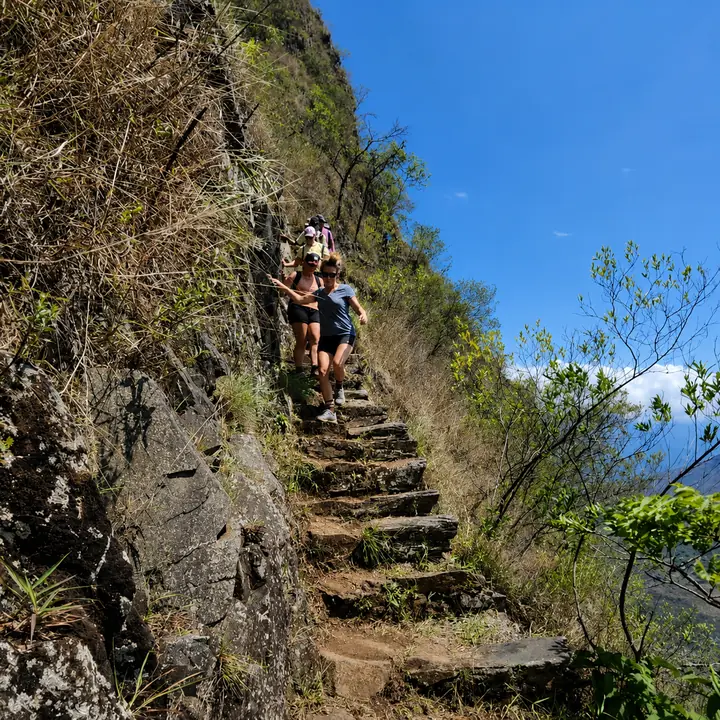 Hikers carefully descending stone steps on the Inca Jungle trail.