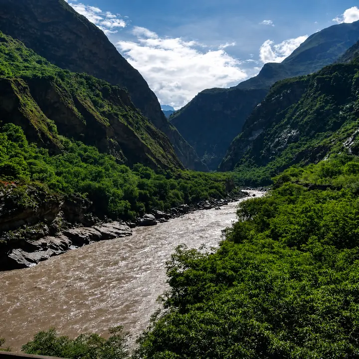 Rocky river flowing through the green Apurimac Valley.