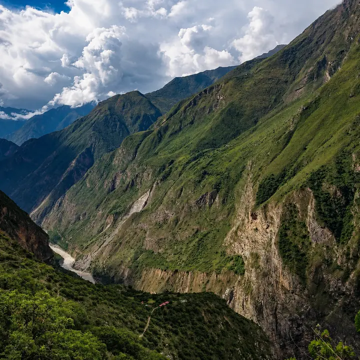 Panoramic view of the deep canyon along the Choquequirao route.