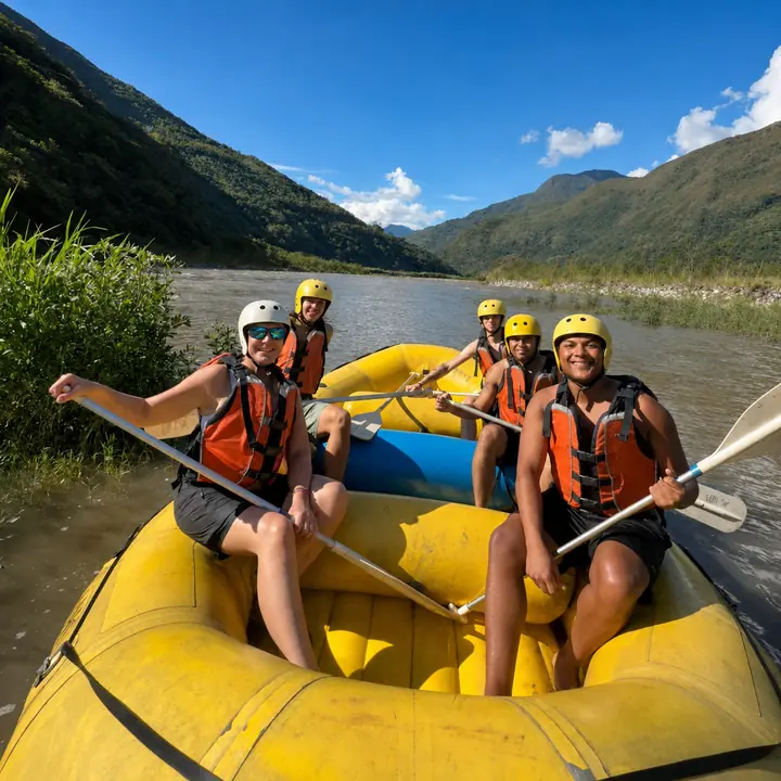 Five travelers preparing to raft an Andean river on the Inca Jungle tour.