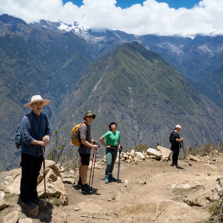Four hikers resting at a viewpoint on the Choquequirao route.