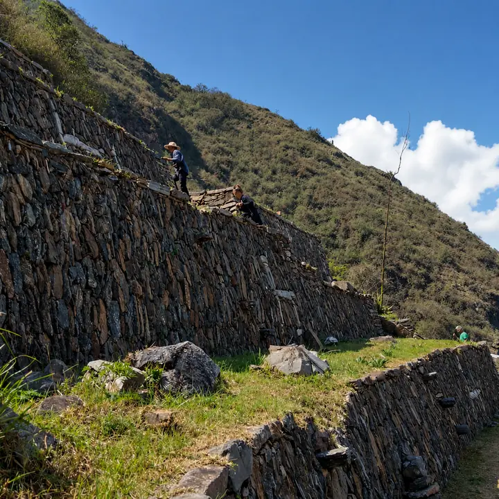 Hiker walking beside steep stone terraces at Choquequirao.