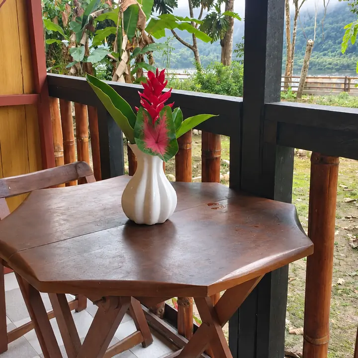 Small table overlooking rainforest vegetation from a lodge veranda.