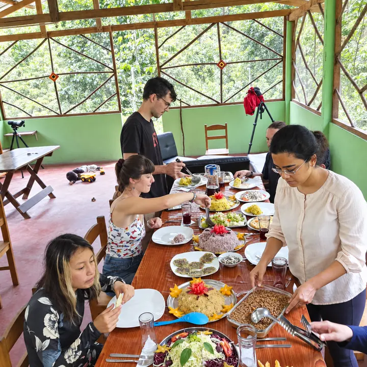 Guests enjoying a freshly prepared meal at a rainforest lodge.
