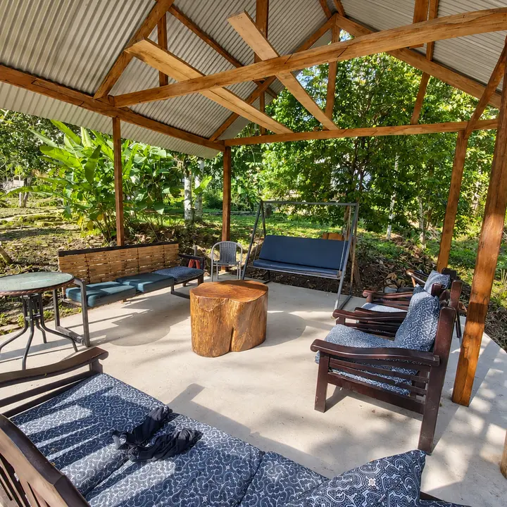 Open-air lounge surrounded by tropical rainforest vegetation.