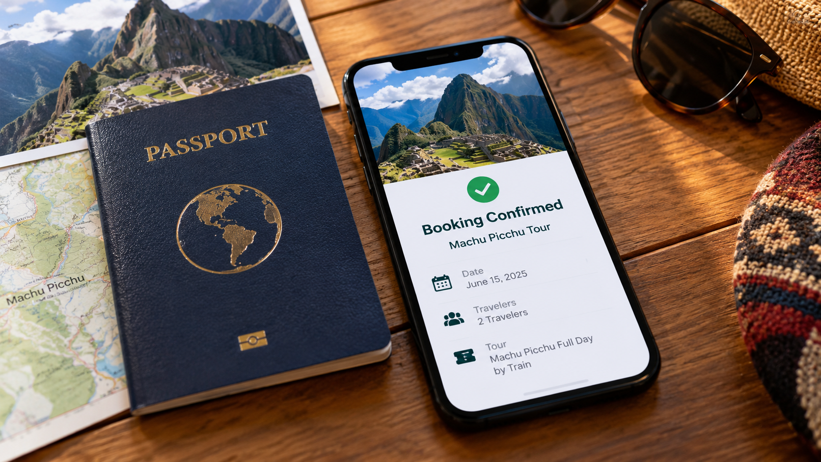 Passport beside a smartphone showing a Machu Picchu tour booking confirmation