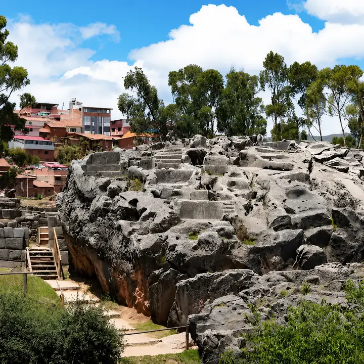 Carved limestone formations at the Qenqo archaeological site near Cusco, Peru.