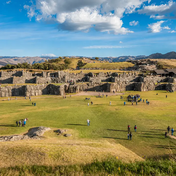 Panoramic view of Sacsayhuaman fortress and its massive Inca stone walls.