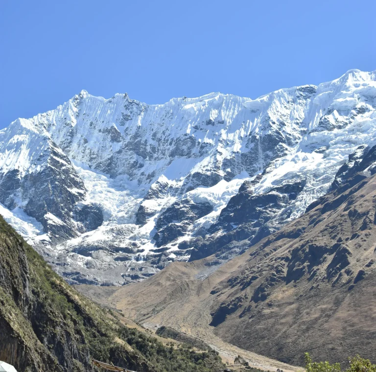 Salkantay trek Peru route to Machu Picchu with snow mountain